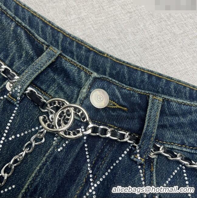 Super Quality Chanel Crystal Denim Jeans with Chain Belt CH040317 Blue 2024