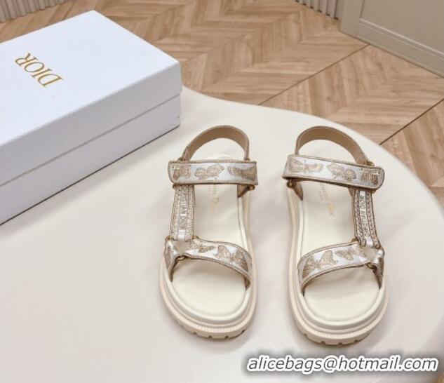 Top Design Dior D-Wave Sandal White and Gold-Tone Gradient Butterflies Embroidered Cotton with Metallic Thread 226068