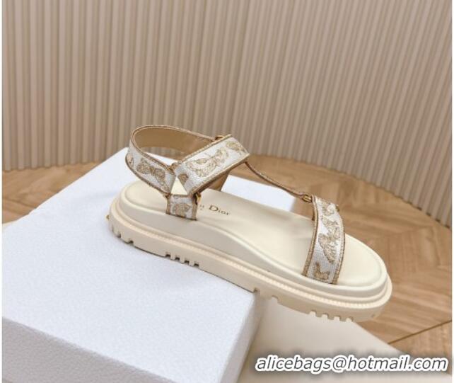 Top Design Dior D-Wave Sandal White and Gold-Tone Gradient Butterflies Embroidered Cotton with Metallic Thread 226068