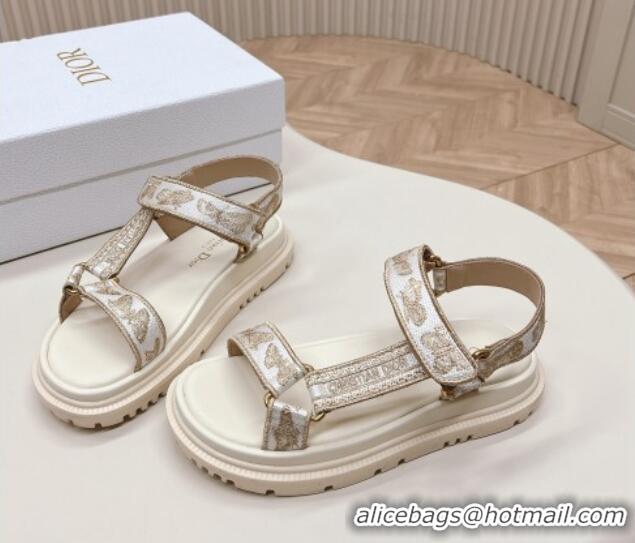 Top Design Dior D-Wave Sandal White and Gold-Tone Gradient Butterflies Embroidered Cotton with Metallic Thread 226068