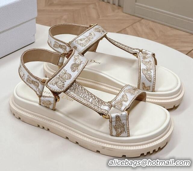 Top Design Dior D-Wave Sandal White and Gold-Tone Gradient Butterflies Embroidered Cotton with Metallic Thread 226068