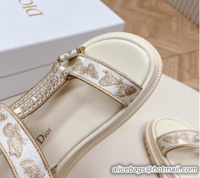 Top Design Dior D-Wave Sandal White and Gold-Tone Gradient Butterflies Embroidered Cotton with Metallic Thread 226068