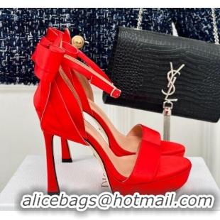 Good Quality Dior Mlle Dior Heeled Platform Sandals 12cm in Satin with Bow Red 226079