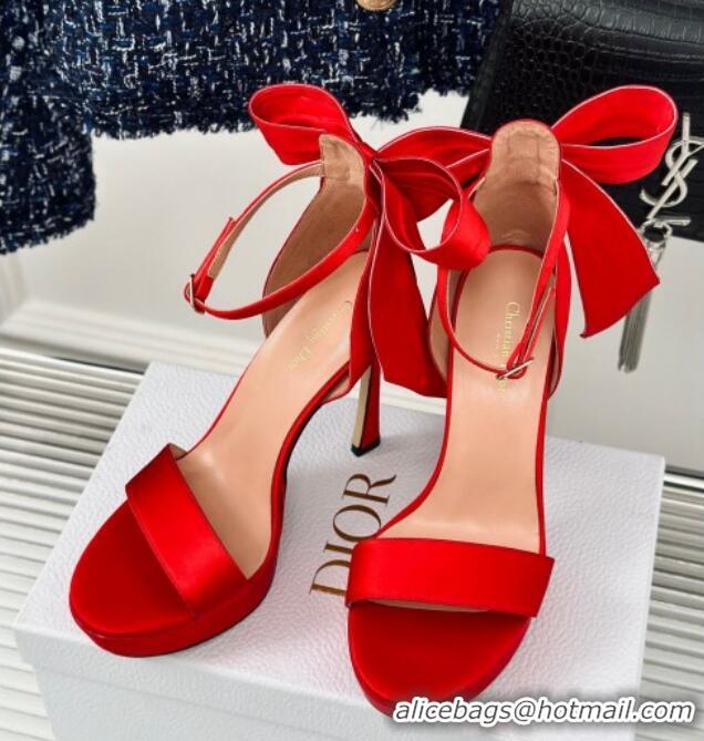 Good Quality Dior Mlle Dior Heeled Platform Sandals 12cm in Satin with Bow Red 226079