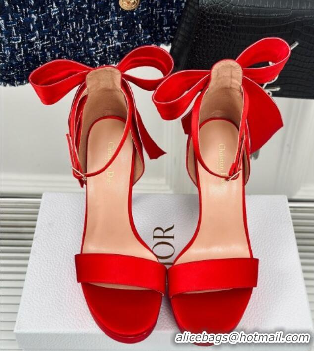 Good Quality Dior Mlle Dior Heeled Platform Sandals 12cm in Satin with Bow Red 226079