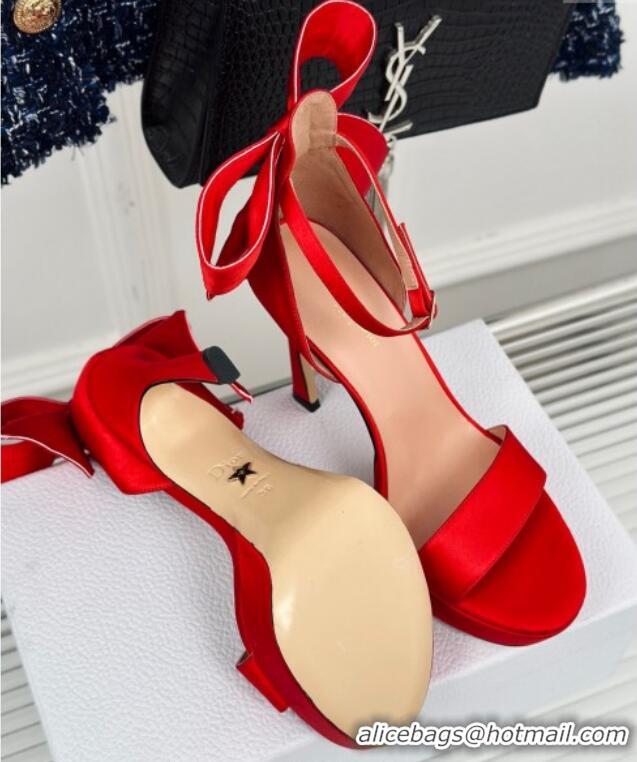 Good Quality Dior Mlle Dior Heeled Platform Sandals 12cm in Satin with Bow Red 226079