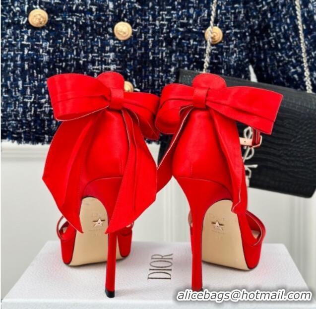 Good Quality Dior Mlle Dior Heeled Platform Sandals 12cm in Satin with Bow Red 226079