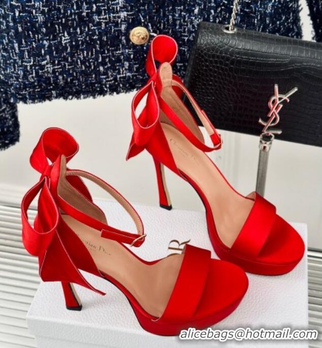 Good Quality Dior Mlle Dior Heeled Platform Sandals 12cm in Satin with Bow Red 226079