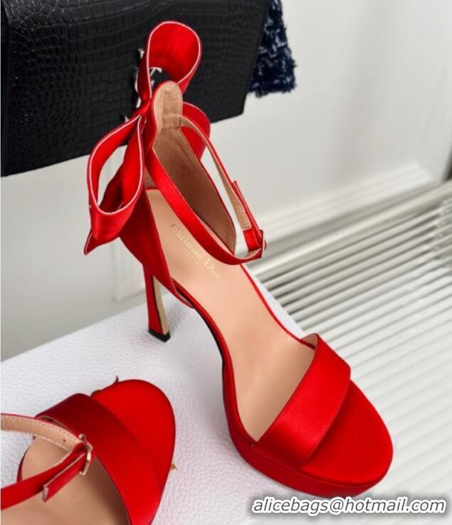 Good Quality Dior Mlle Dior Heeled Platform Sandals 12cm in Satin with Bow Red 226079