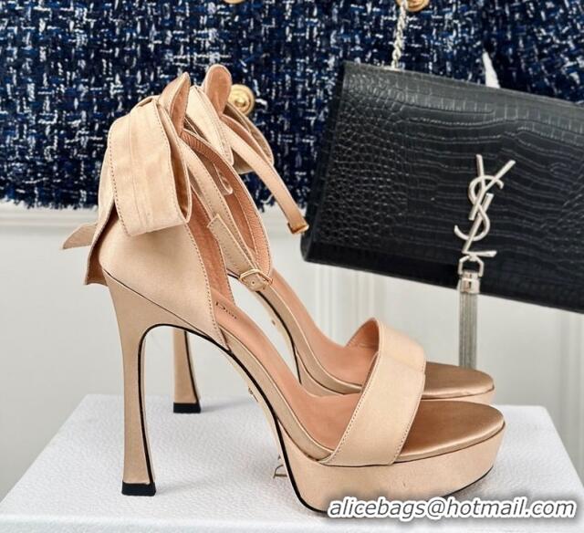 Pretty Style Dior Mlle Dior Heeled Platform Sandals 12cm in Satin with Bow Beige 226082