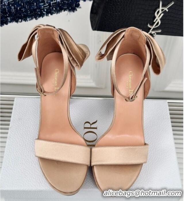 Pretty Style Dior Mlle Dior Heeled Platform Sandals 12cm in Satin with Bow Beige 226082