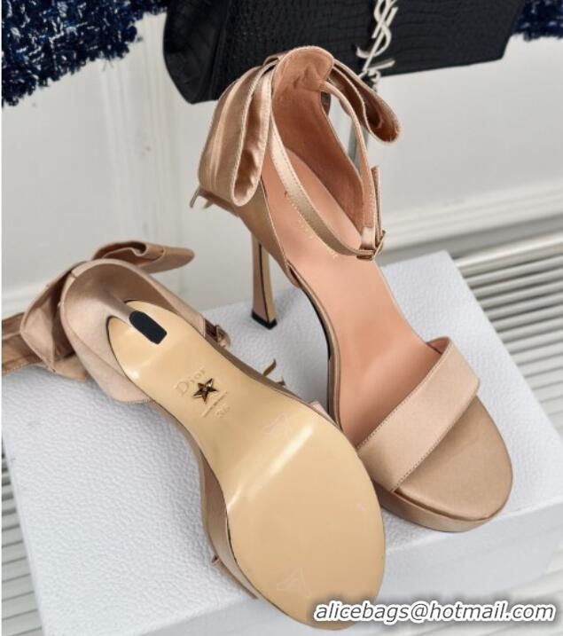 Pretty Style Dior Mlle Dior Heeled Platform Sandals 12cm in Satin with Bow Beige 226082