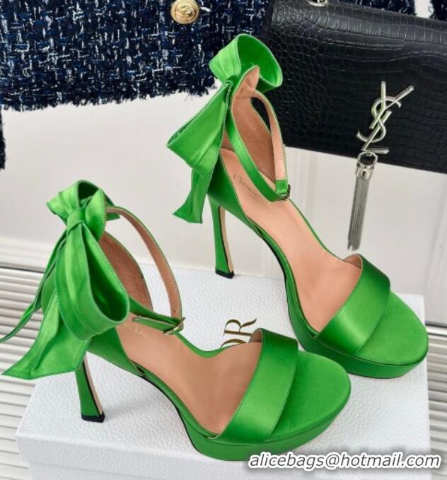 Stylish Dior Mlle Dior Heeled Platform Sandals 12cm in Satin with Bow Green 226083