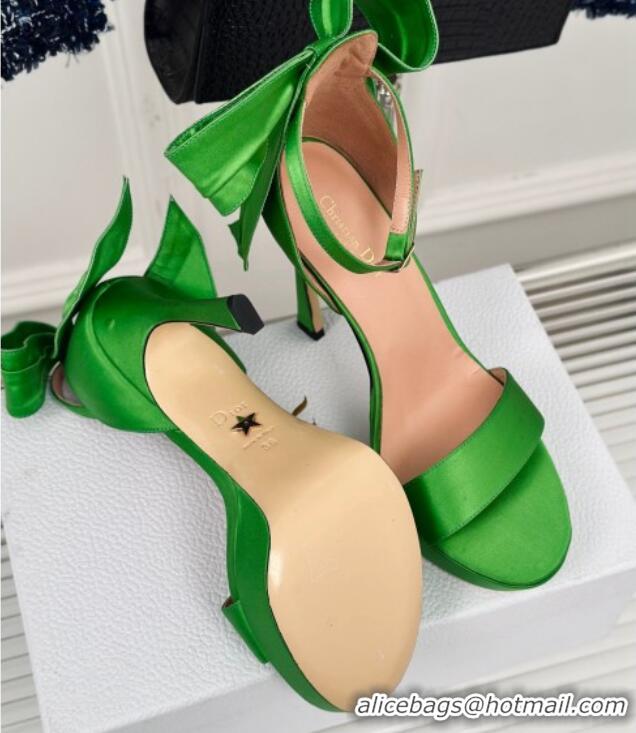 Stylish Dior Mlle Dior Heeled Platform Sandals 12cm in Satin with Bow Green 226083