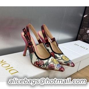 Durable Dior J'Adior Slingback Pumps 9.5cm in White and Pink Florilegio Embroidery 325140