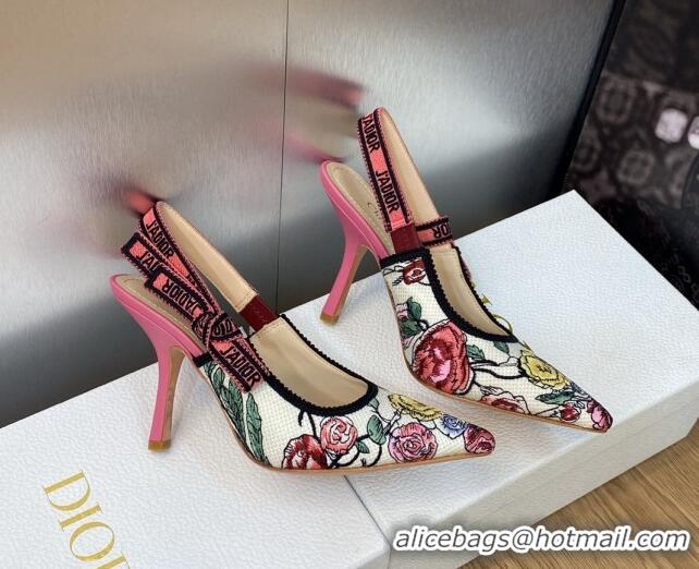 Durable Dior J'Adior Slingback Pumps 9.5cm in White and Pink Florilegio Embroidery 325140