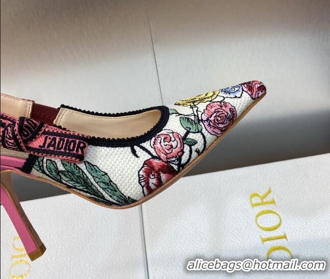 Durable Dior J'Adior Slingback Pumps 9.5cm in White and Pink Florilegio Embroidery 325140