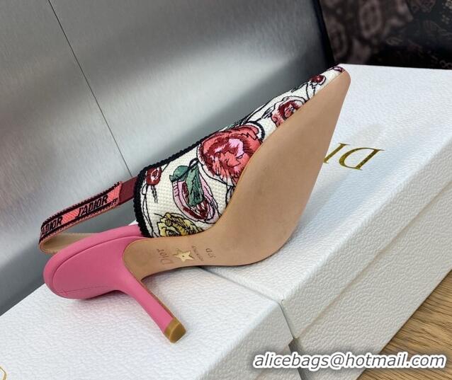 Durable Dior J'Adior Slingback Pumps 9.5cm in White and Pink Florilegio Embroidery 325140