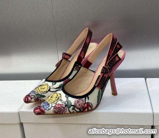 Durable Dior J'Adior Slingback Pumps 9.5cm in White and Pink Florilegio Embroidery 325140