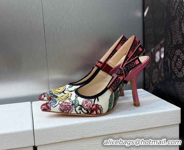 Durable Dior J'Adior Slingback Pumps 9.5cm in White and Pink Florilegio Embroidery 325140