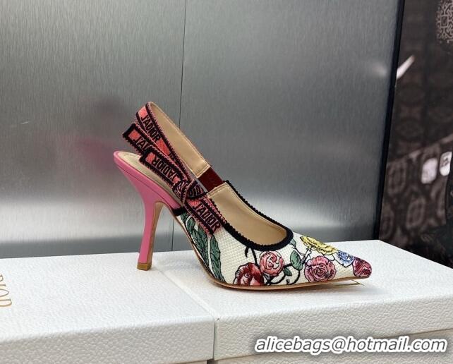 Durable Dior J'Adior Slingback Pumps 9.5cm in White and Pink Florilegio Embroidery 325140