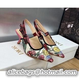 Stylish Dior J'Adior Slingback Pumps 6.5cm in White and Pink Florilegio Embroidery 325141