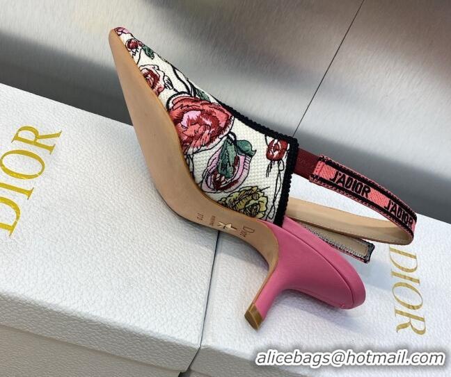 Stylish Dior J'Adior Slingback Pumps 6.5cm in White and Pink Florilegio Embroidery 325141