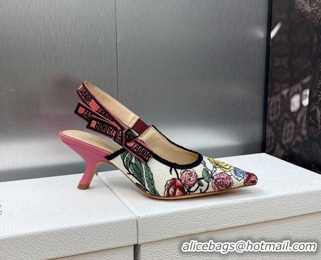 Stylish Dior J'Adior Slingback Pumps 6.5cm in White and Pink Florilegio Embroidery 325141