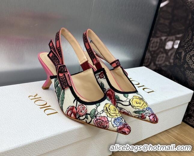 Stylish Dior J'Adior Slingback Pumps 6.5cm in White and Pink Florilegio Embroidery 325141