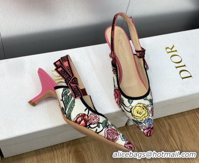 Stylish Dior J'Adior Slingback Pumps 6.5cm in White and Pink Florilegio Embroidery 325141