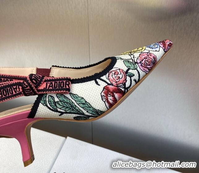 Stylish Dior J'Adior Slingback Pumps 6.5cm in White and Pink Florilegio Embroidery 325141