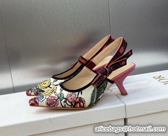 Stylish Dior J'Adior Slingback Pumps 6.5cm in White and Pink Florilegio Embroidery 325141