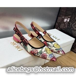 Low Cost Dior J'Adior Slingback Ballet Flat in White and Pink Florilegio Embroidery 325142