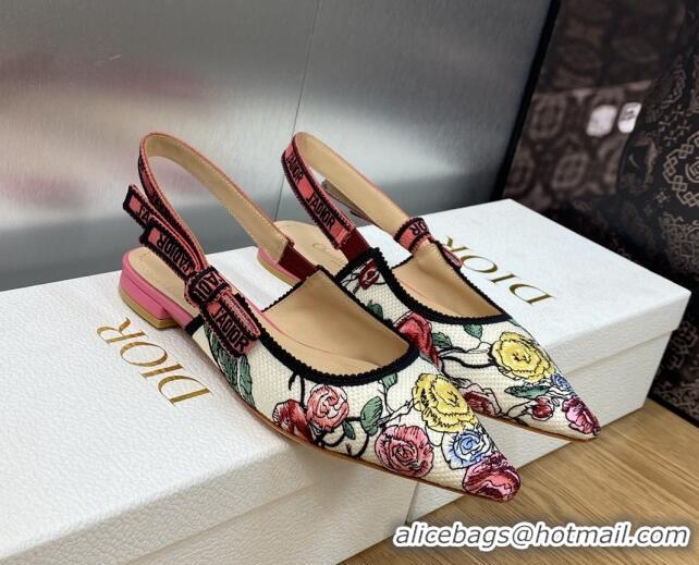 Low Cost Dior J'Adior Slingback Ballet Flat in White and Pink Florilegio Embroidery 325142