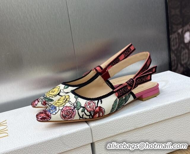 Low Cost Dior J'Adior Slingback Ballet Flat in White and Pink Florilegio Embroidery 325142