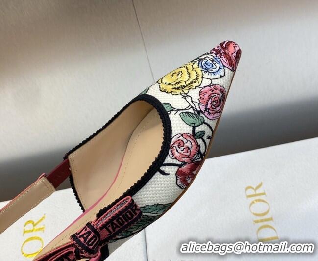 Low Cost Dior J'Adior Slingback Ballet Flat in White and Pink Florilegio Embroidery 325142