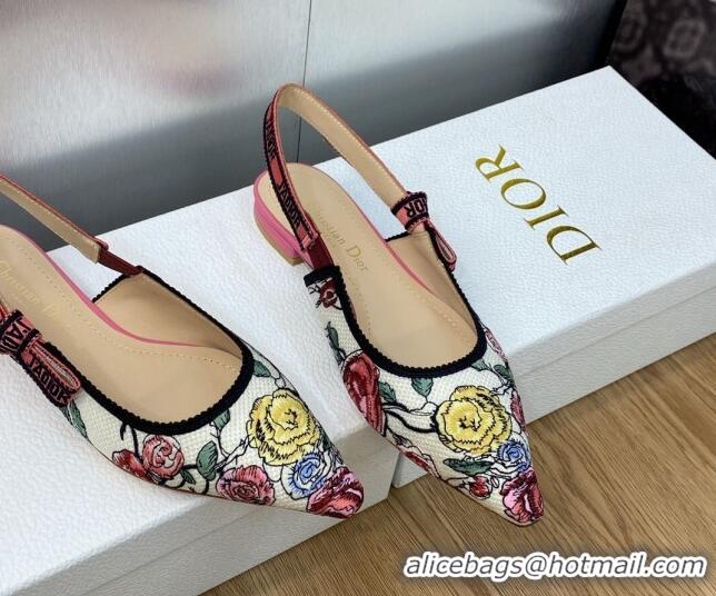 Low Cost Dior J'Adior Slingback Ballet Flat in White and Pink Florilegio Embroidery 325142