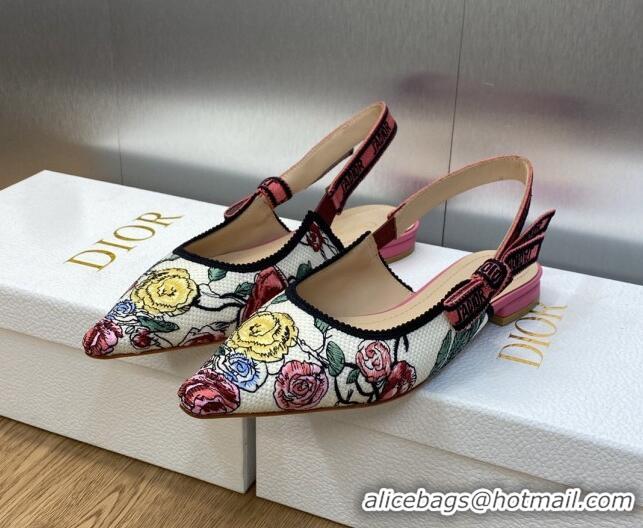 Low Cost Dior J'Adior Slingback Ballet Flat in White and Pink Florilegio Embroidery 325142