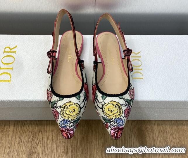 Low Cost Dior J'Adior Slingback Ballet Flat in White and Pink Florilegio Embroidery 325142