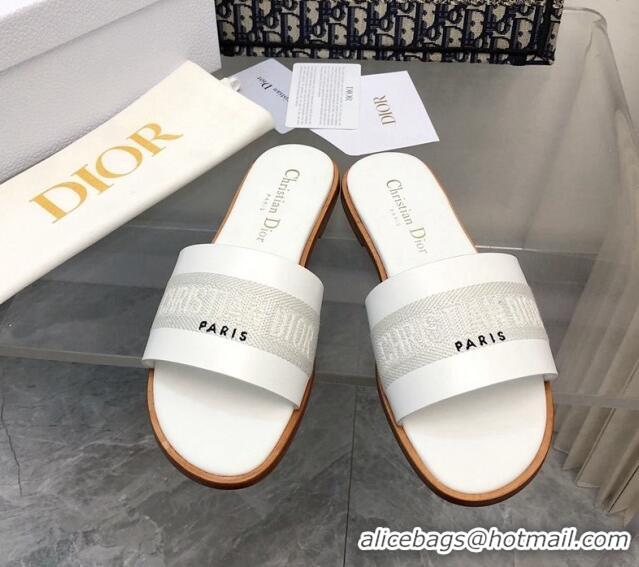 Top Grade Dior Dway Flat Slide Sandals in Calfskin and Embroidered Cotton White 326001