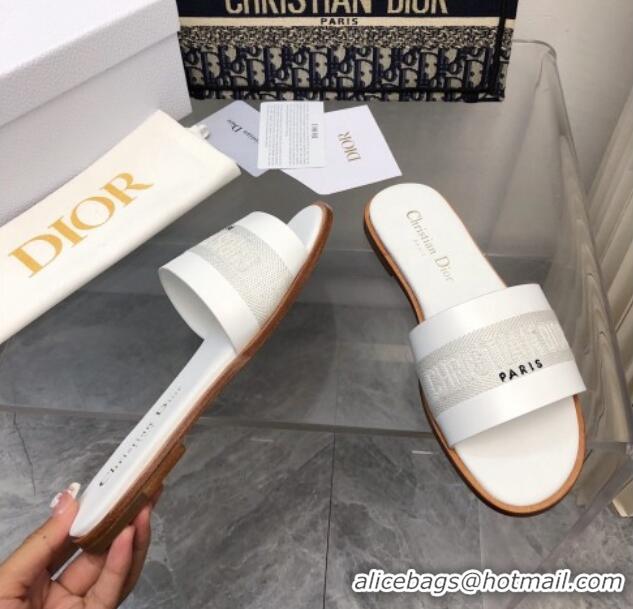 Top Grade Dior Dway Flat Slide Sandals in Calfskin and Embroidered Cotton White 326001