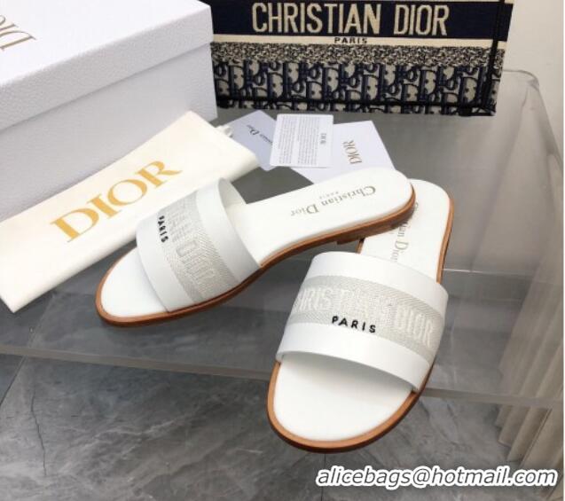 Top Grade Dior Dway Flat Slide Sandals in Calfskin and Embroidered Cotton White 326001