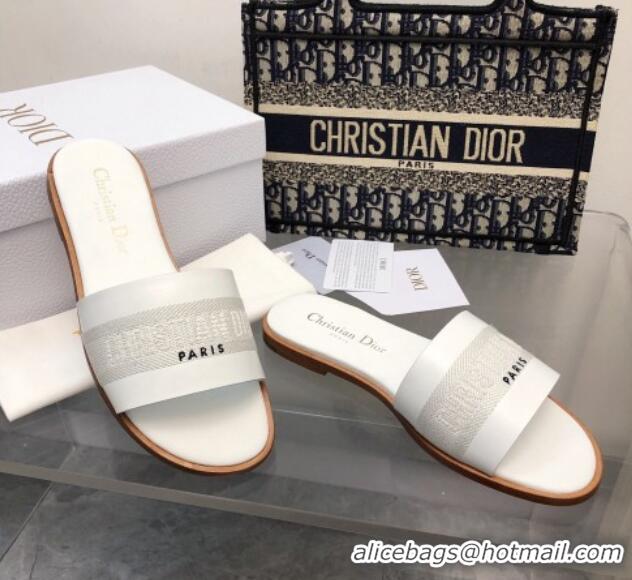 Top Grade Dior Dway Flat Slide Sandals in Calfskin and Embroidered Cotton White 326001