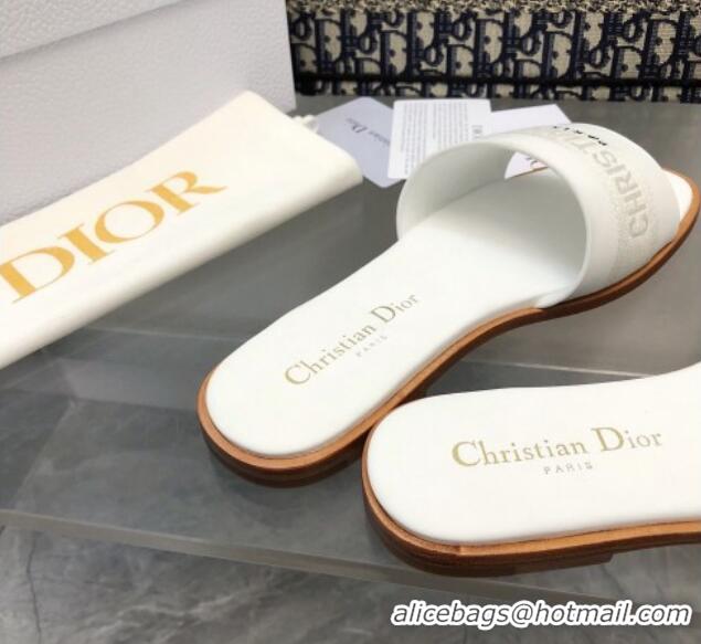 Top Grade Dior Dway Flat Slide Sandals in Calfskin and Embroidered Cotton White 326001