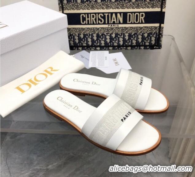 Top Grade Dior Dway Flat Slide Sandals in Calfskin and Embroidered Cotton White 326001