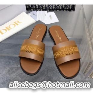 Best Price Dior Dway Flat Slide Sandals in Calfskin and Embroidered Cotton Brown 326002