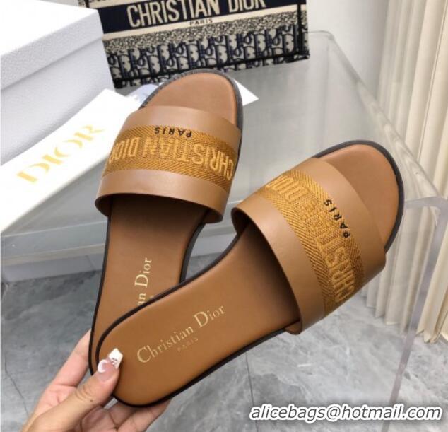 Best Price Dior Dway Flat Slide Sandals in Calfskin and Embroidered Cotton Brown 326002