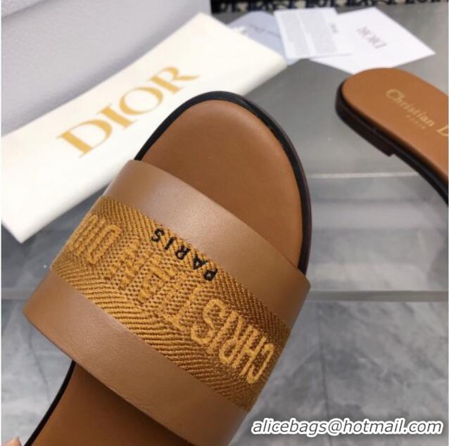 Best Price Dior Dway Flat Slide Sandals in Calfskin and Embroidered Cotton Brown 326002