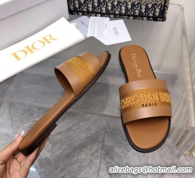 Best Price Dior Dway Flat Slide Sandals in Calfskin and Embroidered Cotton Brown 326002