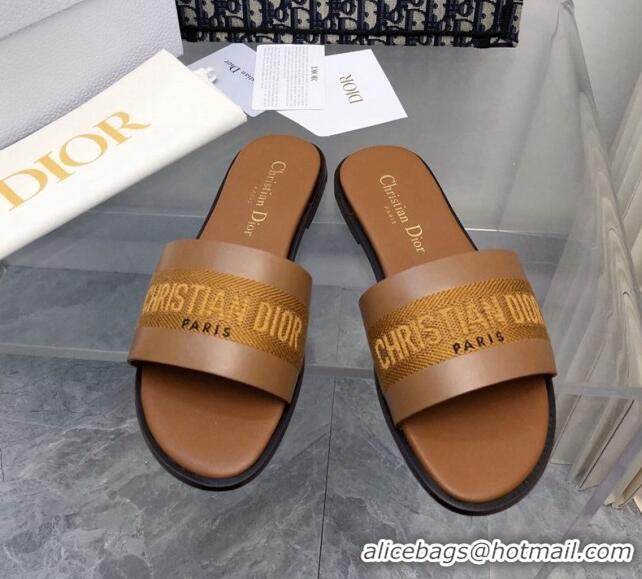 Best Price Dior Dway Flat Slide Sandals in Calfskin and Embroidered Cotton Brown 326002